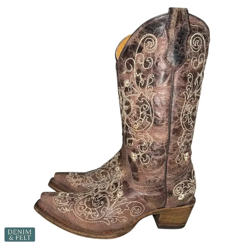 Corral‎ Youth Embroidered Snip Toe Cowboy Western Boots Cowhide Leather Size 3.5